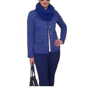 Isaac Mizrahi Blue Scallop Quilted Cotton Knit Button Front Lady Jacket Size M
